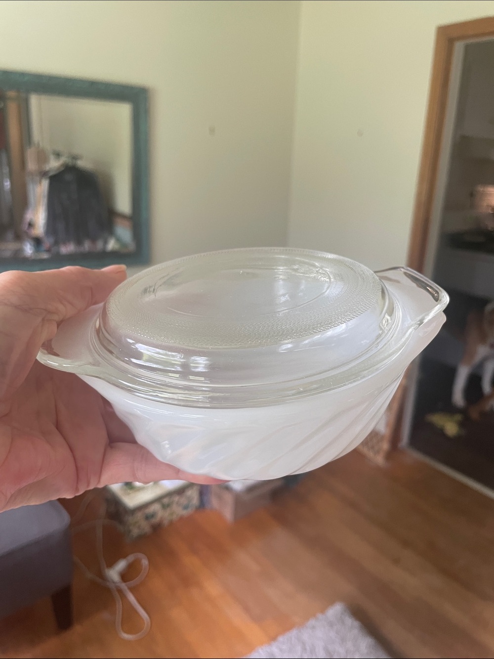 Fire King Vintage White Milk Glass Swirl Casserole Dish with Clear Glass Lid